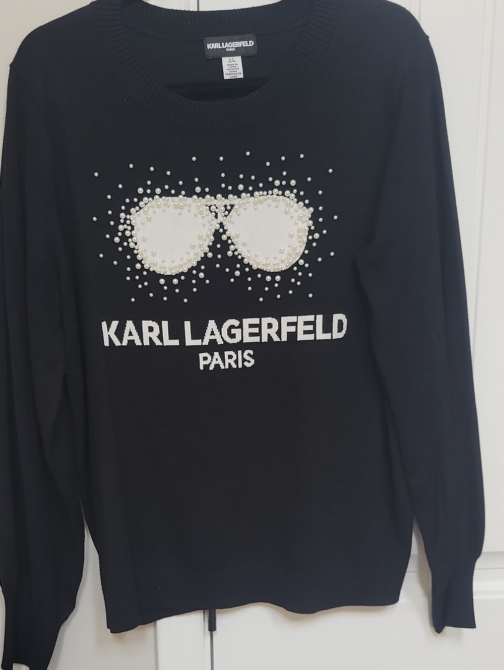 Karl Lagerfeld Black Sweater with Pearl-Embellished Sunglasses Motif